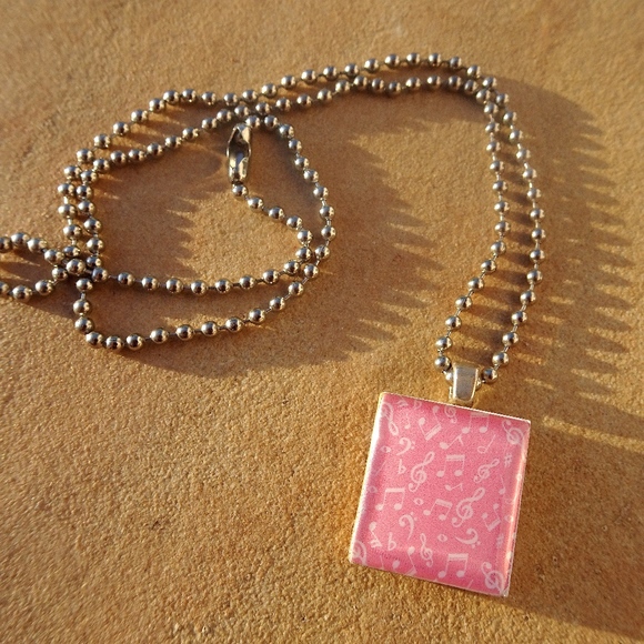 Pink Music Note Scrabble Tile Pendant Upcycled Repurposed Game Piece Necklace - Picture 2 of 8